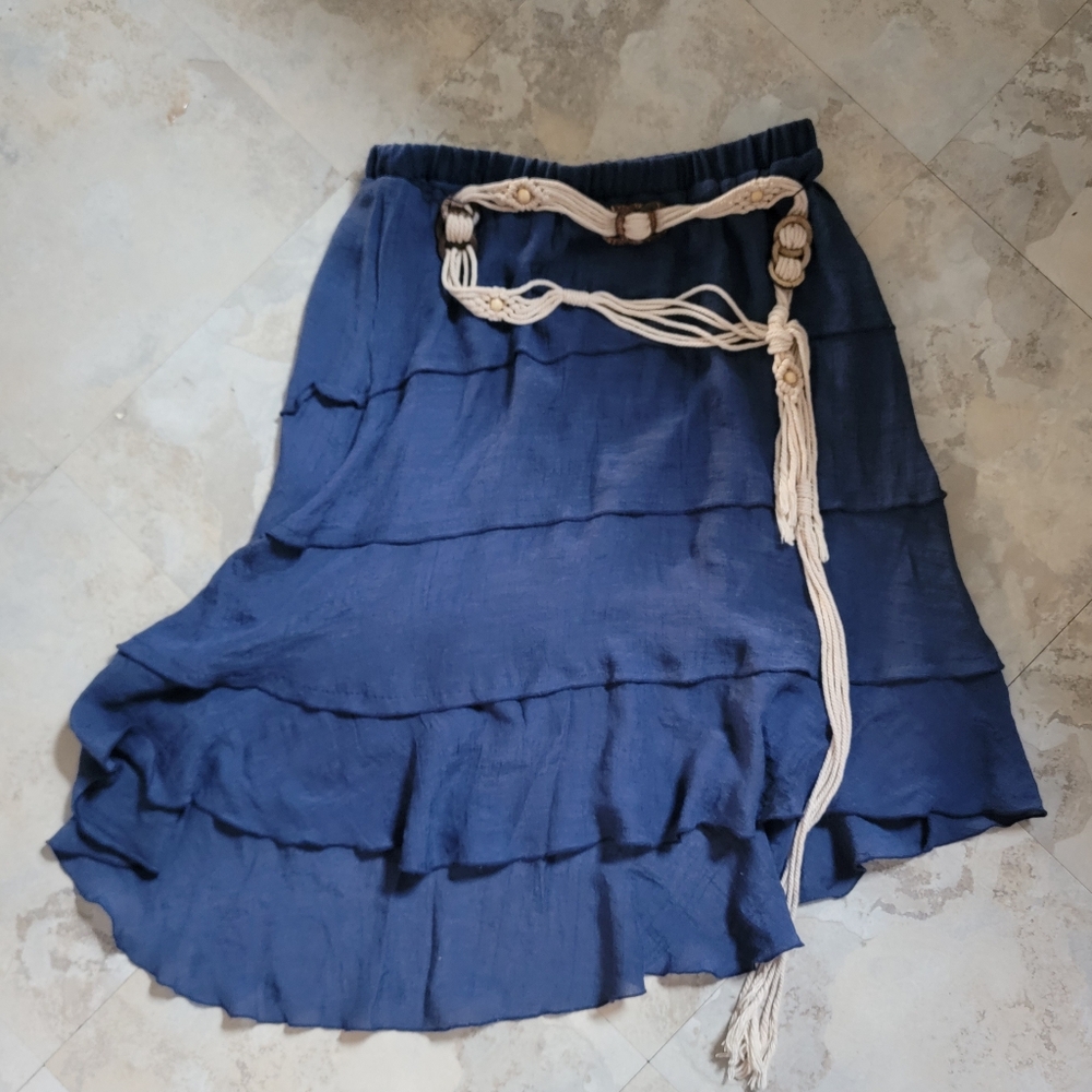 Fun, Layered Navy Skirt With Decorative Braided Rope Belt